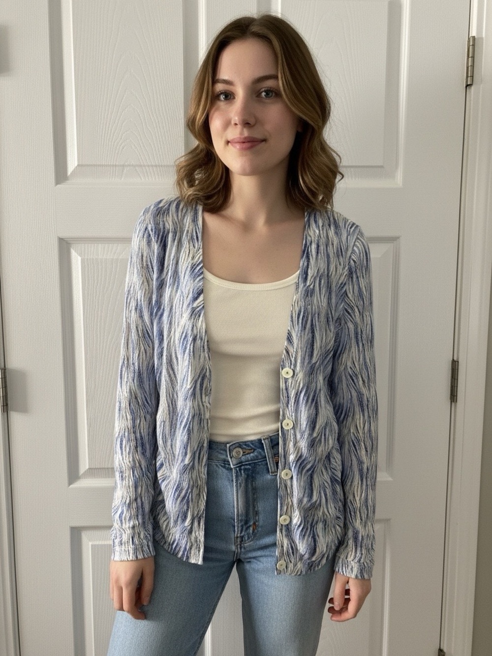 Anthropologie Blue and Cream Marled Button-Down Cardigan